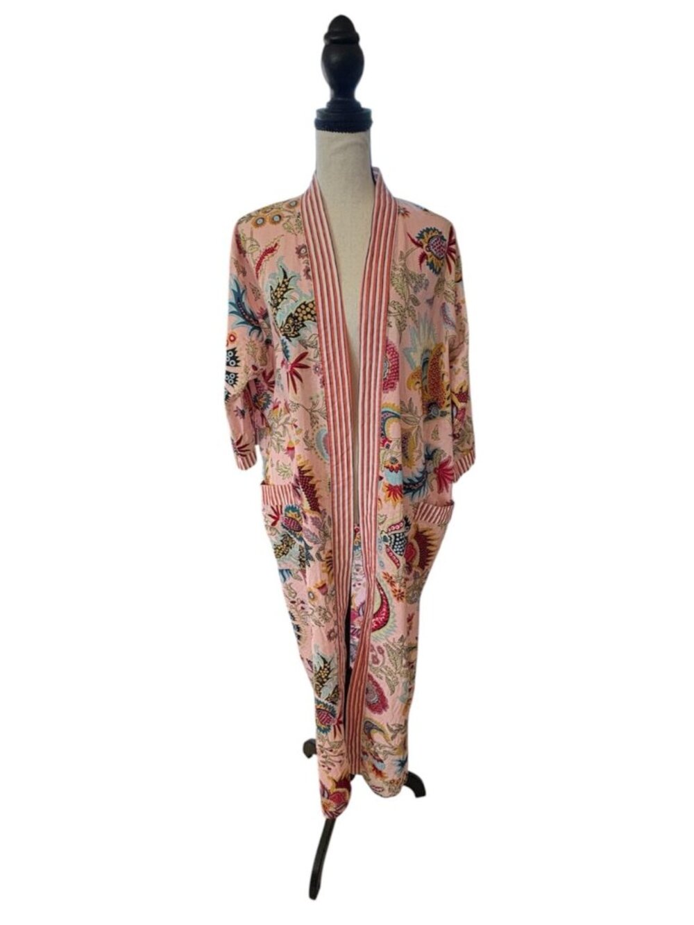 Kimono Block Print Robe Pink 2 Pocket Floral Motif 100% Organic Cotton